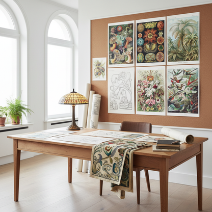 Art Nouveau designer workspace featuring Ernst Haeckel biological illustrations as creative inspiration - LeBonJournal