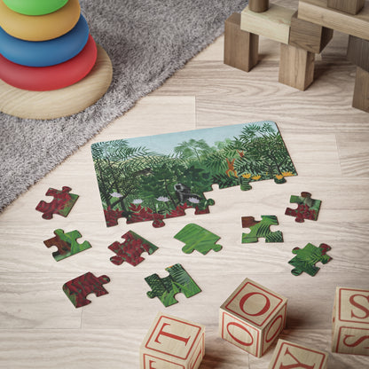Assembling Henri Rousseau jungle puzzle among colorful toys on playroom floor - LeBonJournal
