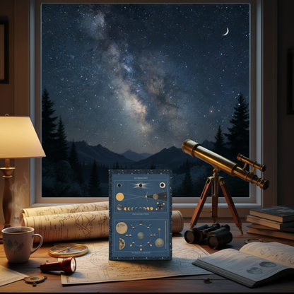 Astronomy hardcover journal standing on wooden desk in cozy study room with star charts, telescope, binoculars, warm desk lamp, stunning starry night sky and Milky Way visible through window, elegant stationery for astronomers and stargazers - LeBonJournal