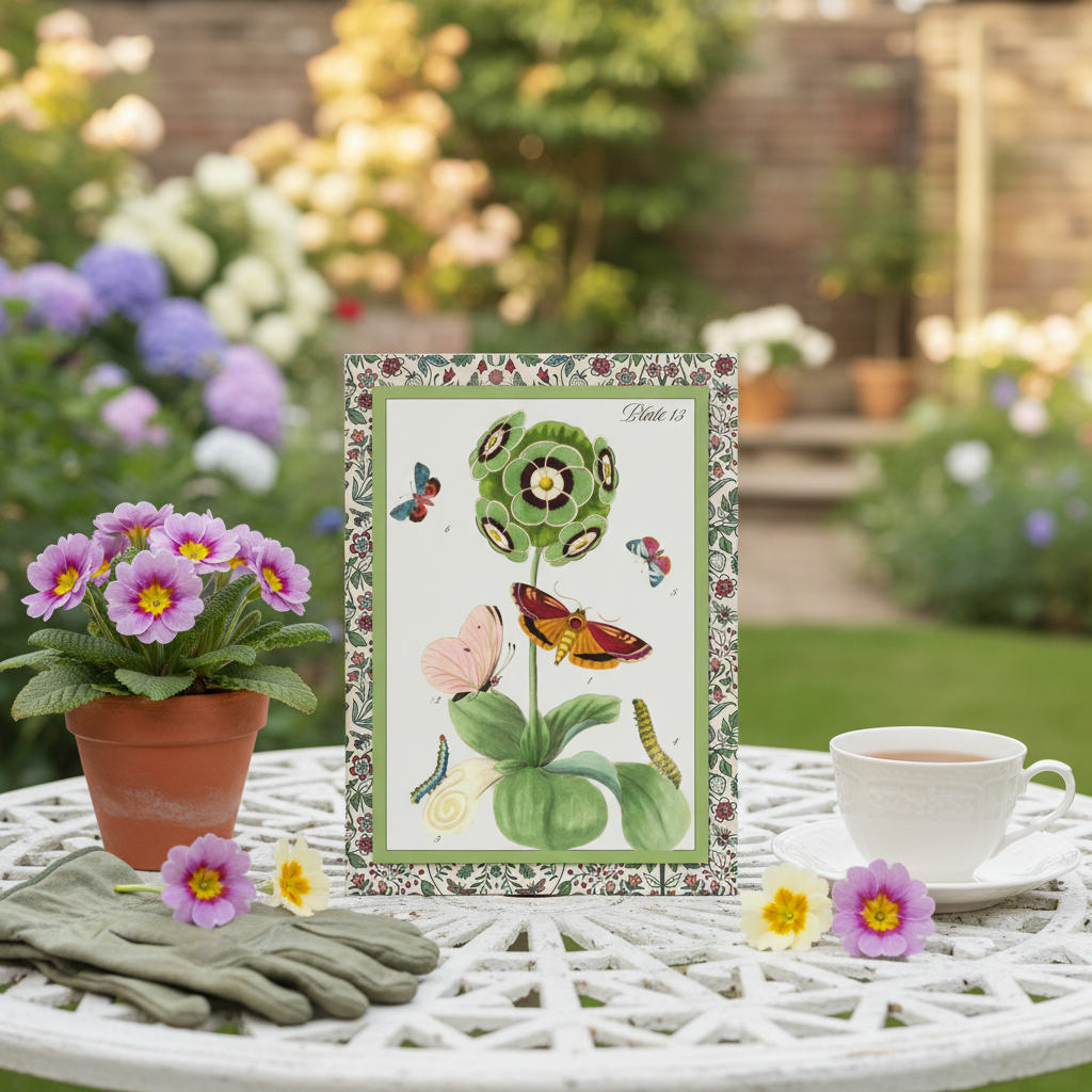Nederlandsch Bloemwerk 1794 Auricula journal at English garden table with primula pot tea cup and spring flowers - LeBonJournal
