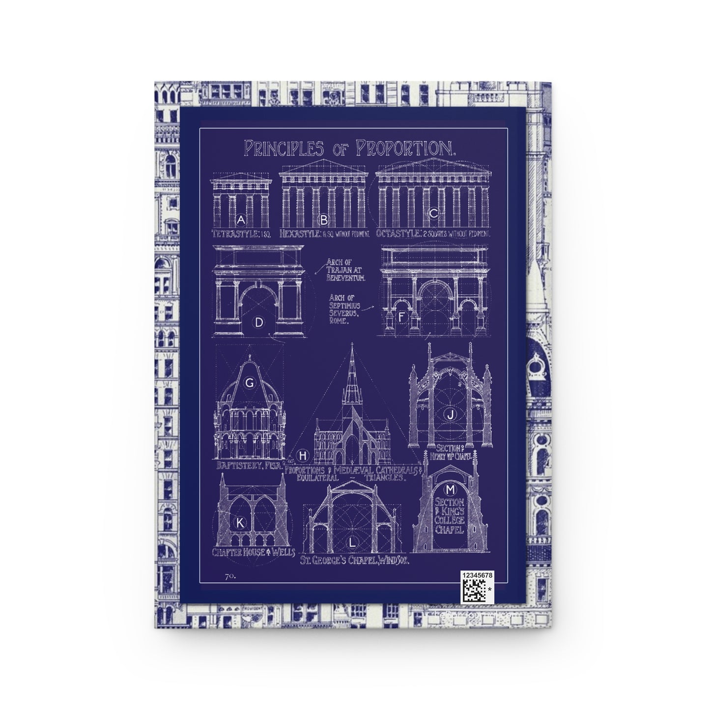 Back cover of hardcover journal featuring blueprint-style Principles of Proportion from Banister Fletcher 1905 with Greek Roman and Gothic architectural geometry - LeBonJournal
