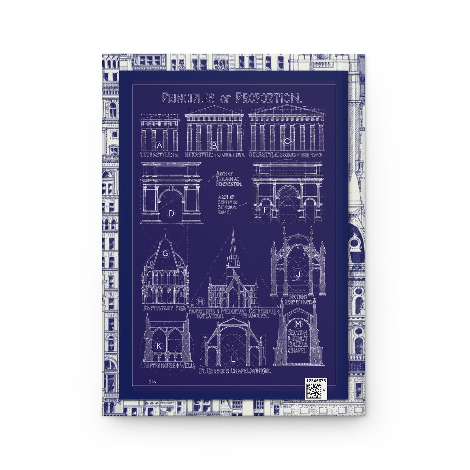Back cover of hardcover journal featuring blueprint-style Principles of Proportion from Banister Fletcher 1905 with Greek Roman and Gothic architectural geometry - LeBonJournal