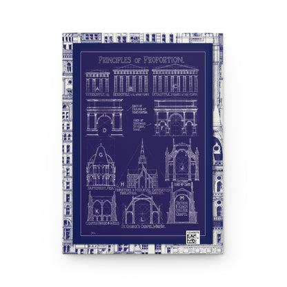 Back cover of hardcover journal featuring blueprint-style Principles of Proportion from Banister Fletcher 1905 with Greek Roman and Gothic architectural geometry - LeBonJournal