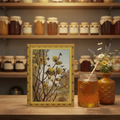 Brehm Taschenberg 1877 Bees in Spring journal at artisan honey shop counter with vichy ochre jars crystal honey jar and caramel ceramic vase - LeBonJournal