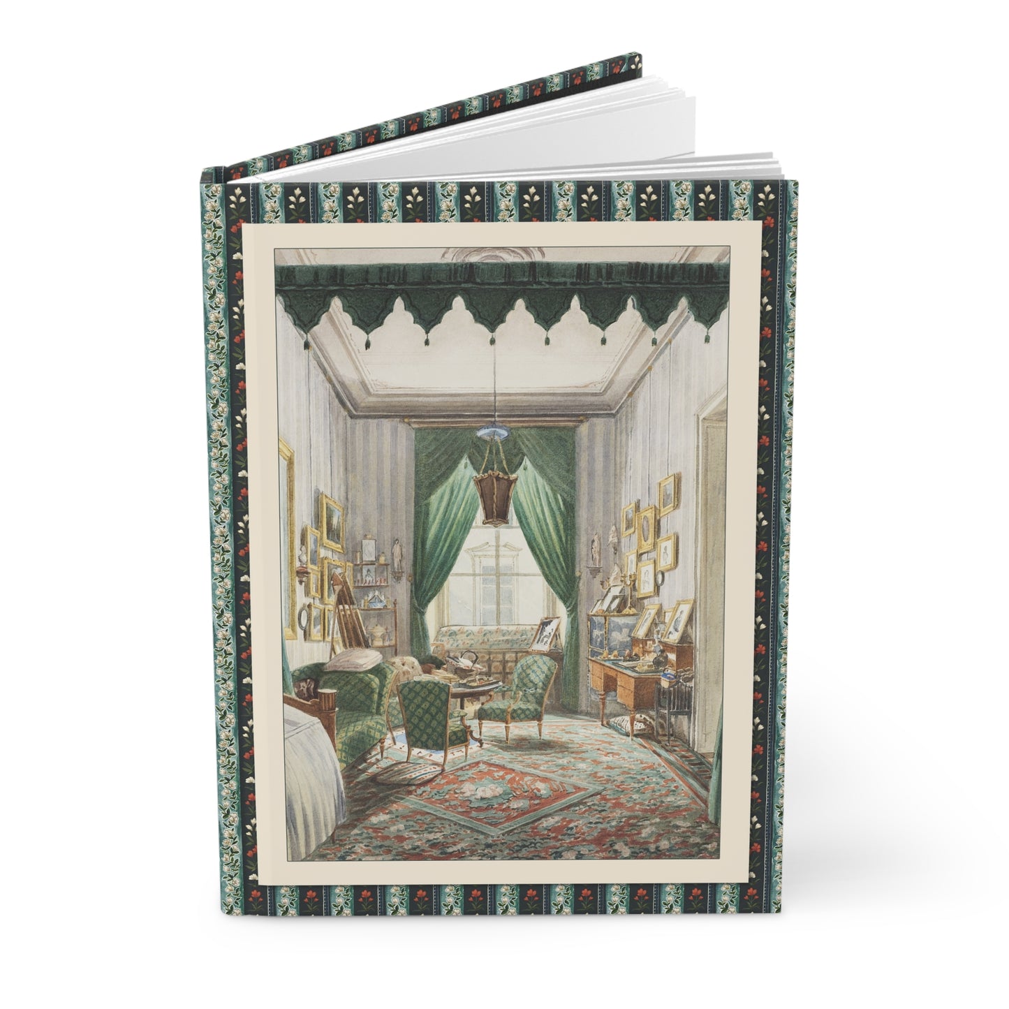 Biedermeier interior hardcover journal featuring Austrian watercolor 1853 curtained bed alcove Cooper Hewitt Smithsonian domestic space chamber painting - LeBonJournal