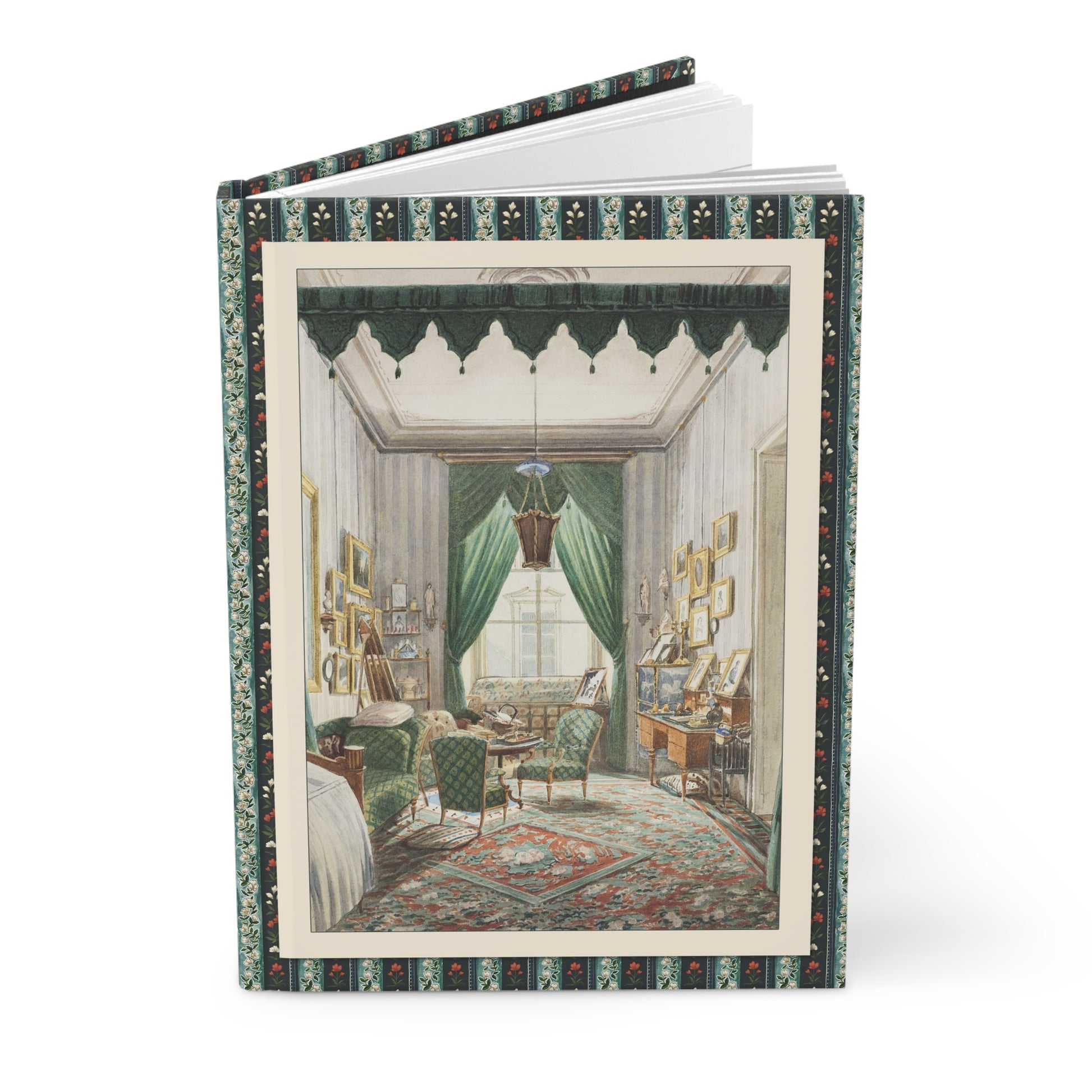 Biedermeier interior hardcover journal featuring Austrian watercolor 1853 curtained bed alcove Cooper Hewitt Smithsonian domestic space chamber painting - LeBonJournal