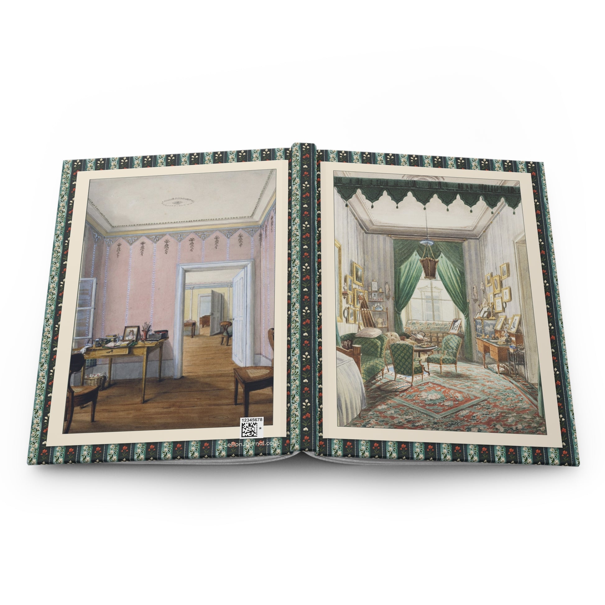 Biedermeier interior journal open flat showing casewrap binding spine with Austrian watercolors 1840-1853 curtained bed alcove writing room front and back covers - LeBonJournal