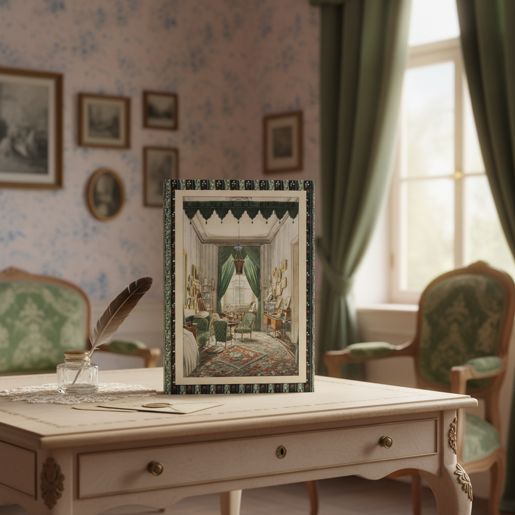 Biedermeier interior journal with vintage home decor fabric swatches wallpaper samples interior design books Austrian watercolor 1840-1853 domestic space - LeBonJournal
