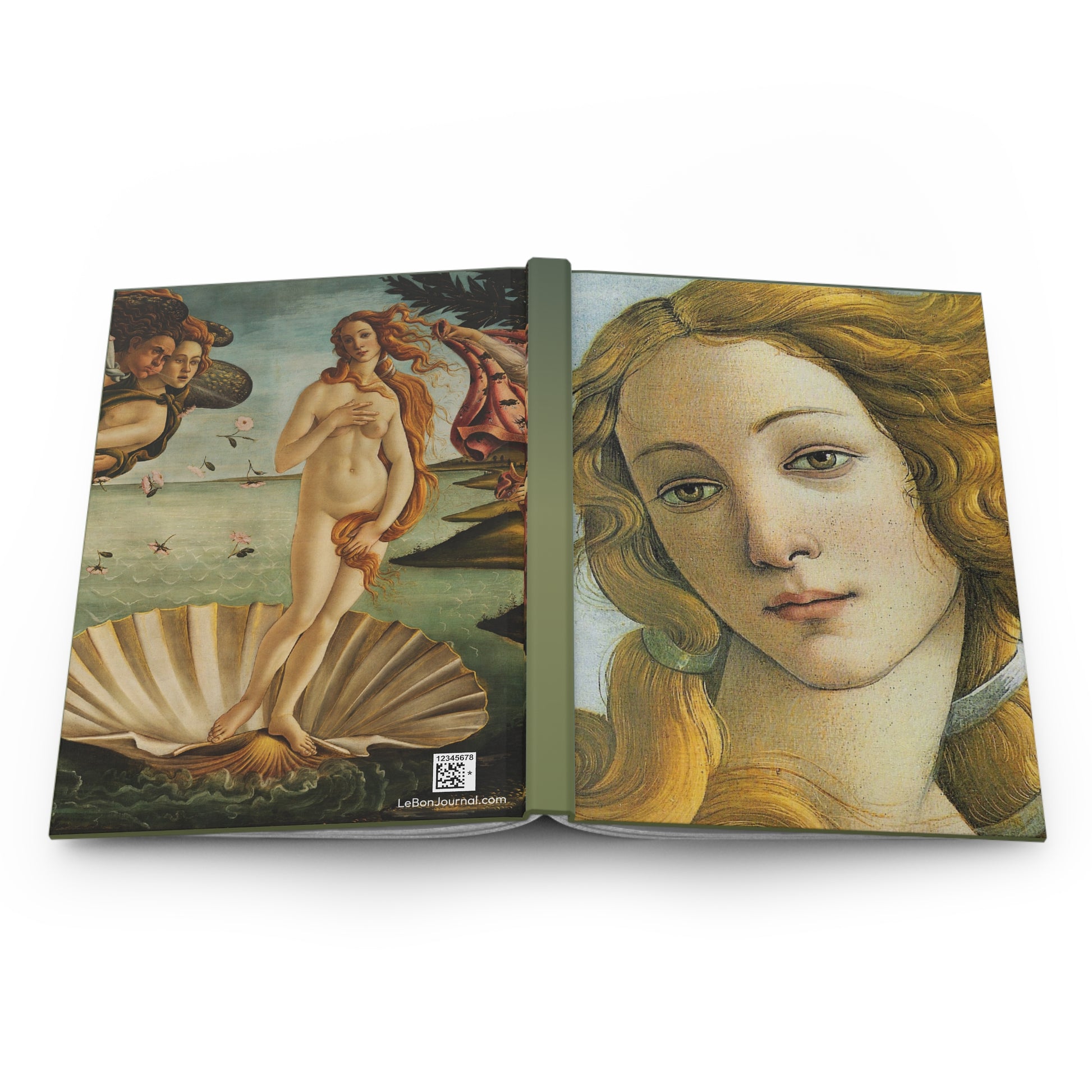 Birth of Venus journal open flat showing casewrap binding spine with Botticelli 1484-1486 Renaissance masterpiece Venus detail and complete composition front and back covers - LeBonJournal

