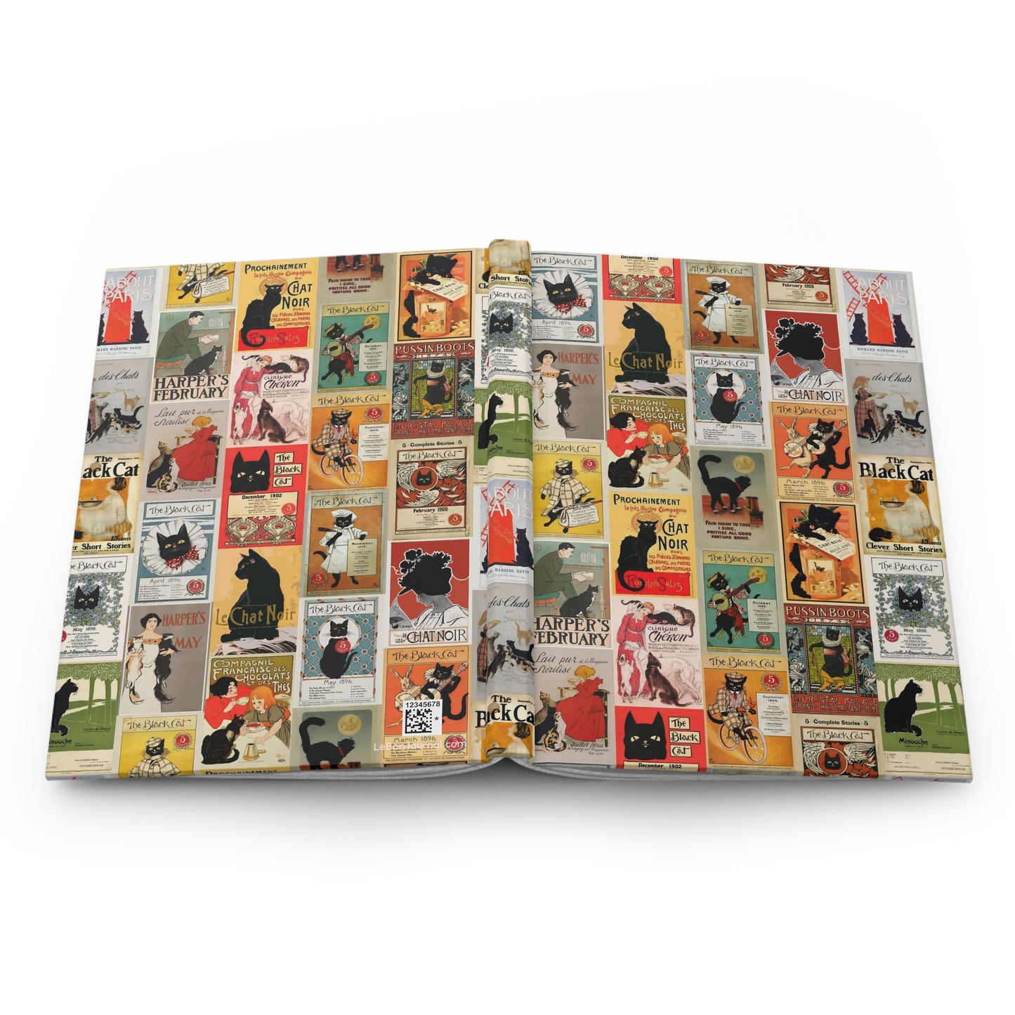 Black cat collage journal open flat showing casewrap binding spine with Belle Époque vintage posters front and back covers - LeBonJournal