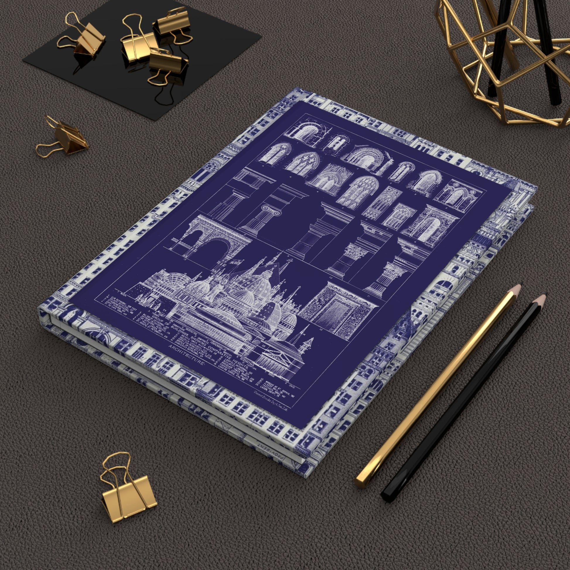 Lifestyle photo of blueprint architecture journal styled for architects designers and architecture students with drafting tools - LeBonJournal
