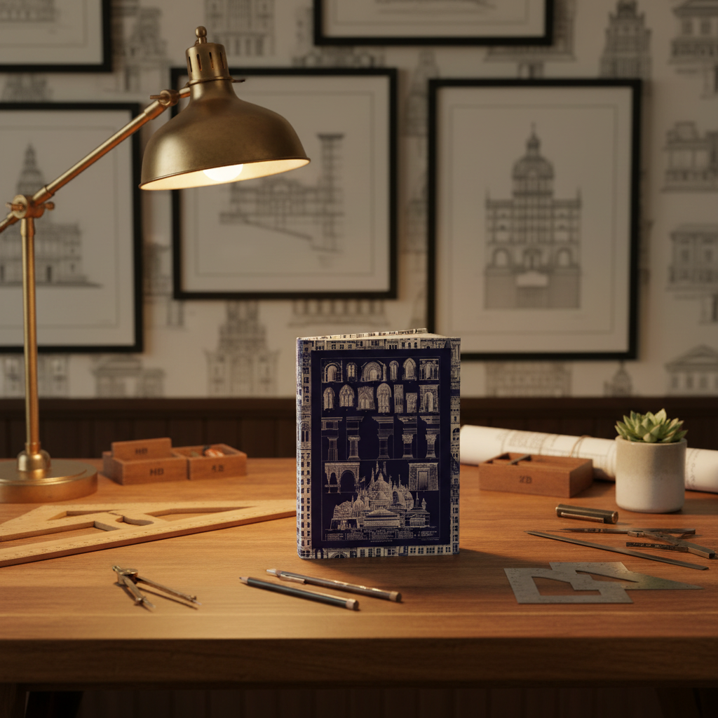Lifestyle photo of blueprint architecture journal standing upright on vintage wooden drafting table in professional architect studio with T-square compass mechanical pencils brass lamp and classical architecture prints - LeBonJournal