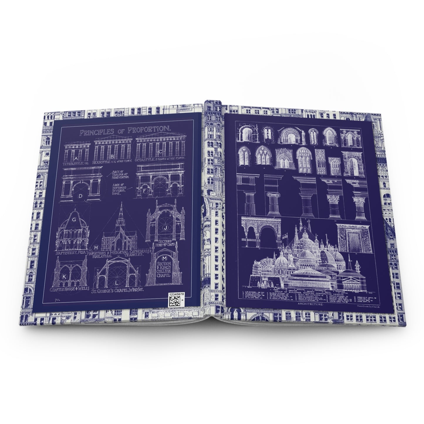 Hardcover journal opened flat showing spine binding and both covers with blueprint-style architectural proportion studies - LeBonJournal