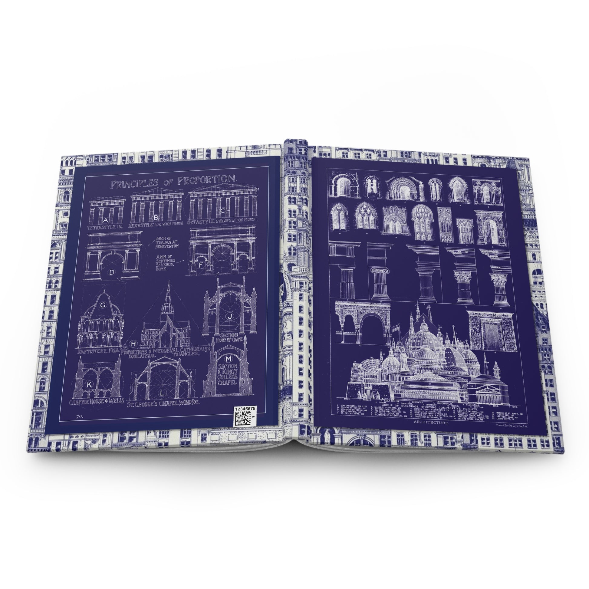 Hardcover journal opened flat showing spine binding and both covers with blueprint-style architectural proportion studies - LeBonJournal