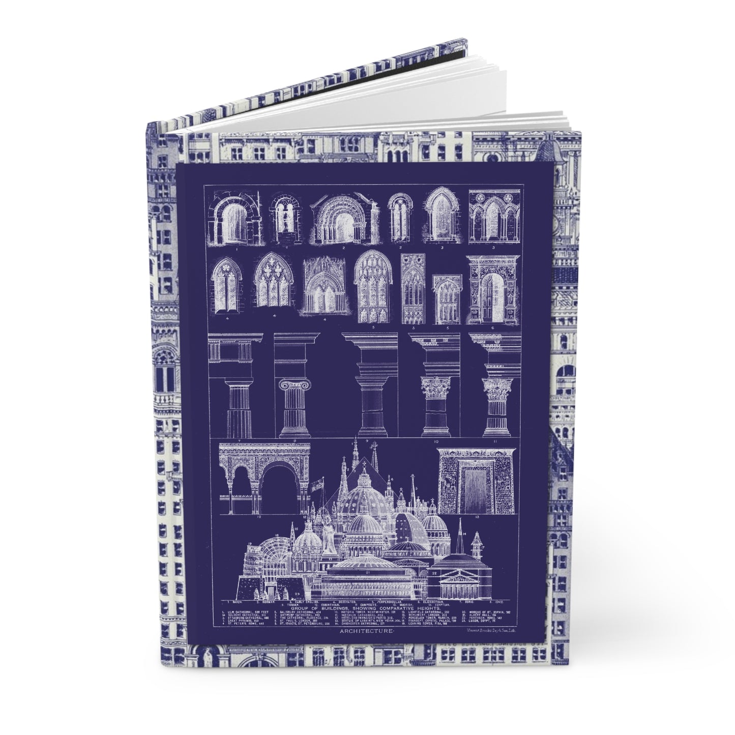 Hardcover journal standing upright showing blueprint-style Vincent Brooks Day & Son 1885 comparative architecture illustration on front cover - LeBonJournal