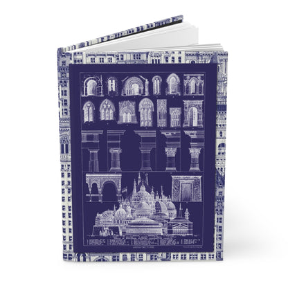 Hardcover journal standing upright showing blueprint-style Vincent Brooks Day & Son 1885 comparative architecture illustration on front cover - LeBonJournal
