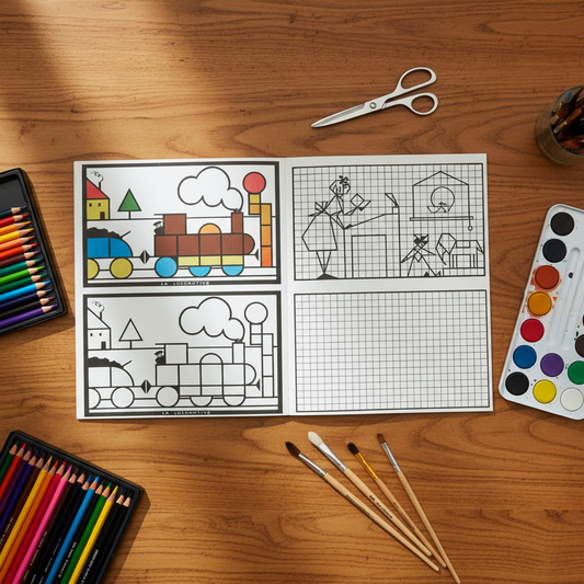 Bon Voyage 2 vintage coloring book open on antique wooden table showing La Locomotive train pages with modern art supplies for kids and therapy activities - LeBonJournal
