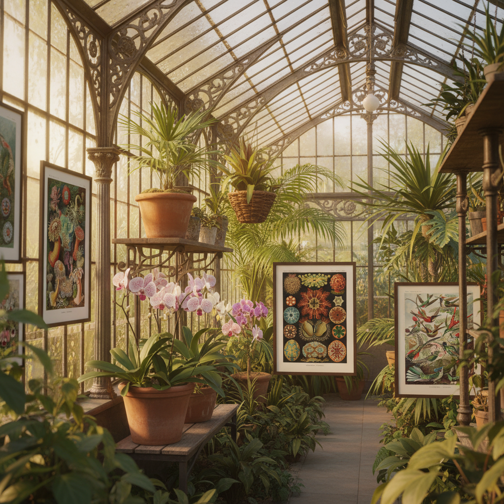 Victorian botanical greenhouse displaying Ernst Haeckel's biological illustrations among tropical plants - LeBonJournal