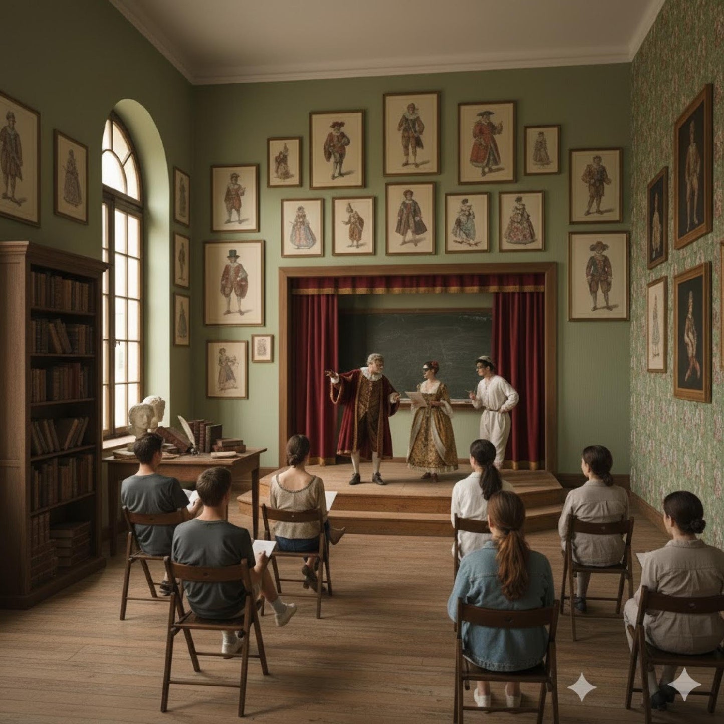 Maurice Sand 1860 Commedia dell'Arte character prints decorating theater school classroom walls, Masques et Bouffons hand-colored etchings educational display - LeBonJournal
