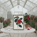 Alfred Chandler 1831 Camellia japonica journal in Victorian white iron glasshouse with red camellia bloom porcelain teacup and fallen petals - LeBonJournal
