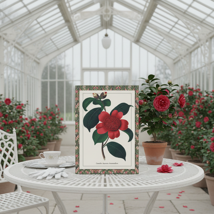 Alfred Chandler 1831 Camellia japonica journal in Victorian white iron glasshouse with red camellia bloom porcelain teacup and fallen petals - LeBonJournal
