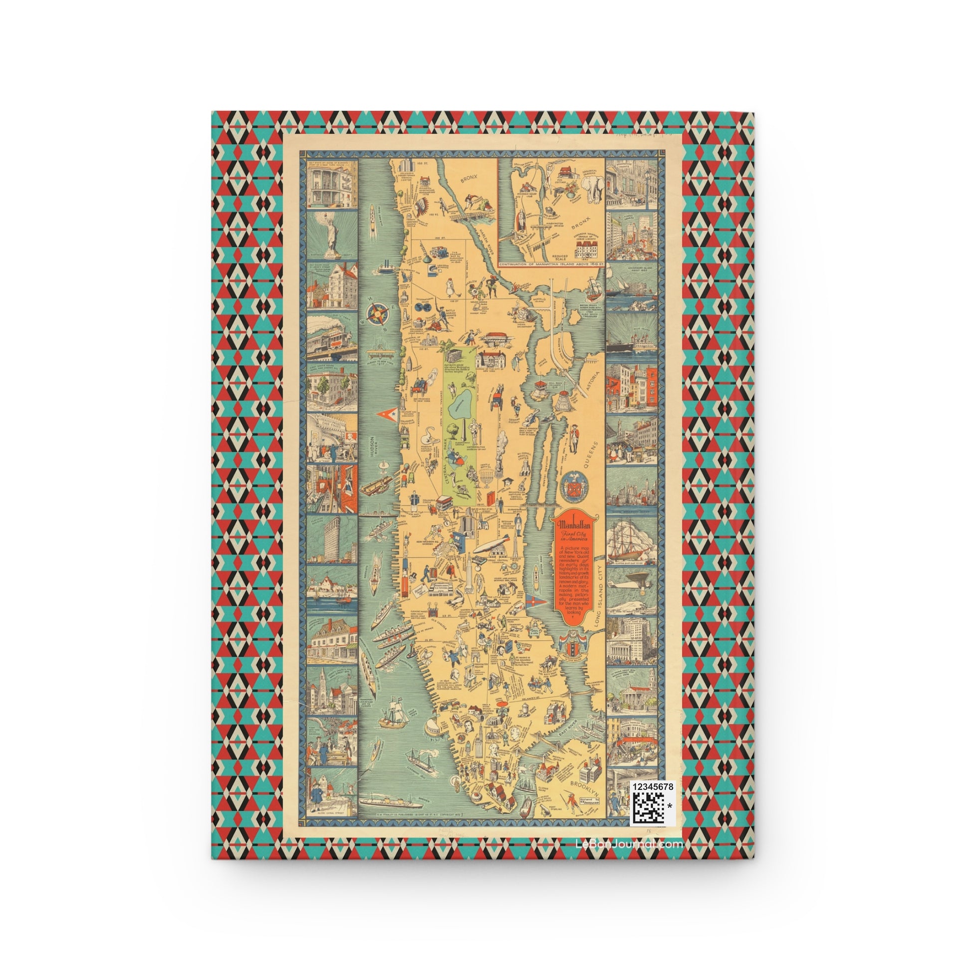 Back cover C.E. Millard 1933 Manhattan First City in America pictorial map S.M. Stanley Co whimsical Art Deco cartography 26 vignettes City Hall customs house Williamsburg view - LeBonJournal