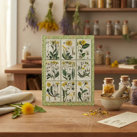 Schkuhr 1808 Botanisches Handbuch wildflower journal on botanical study desk with dried dandelion, arnica and meadow specimens - LeBonJournal