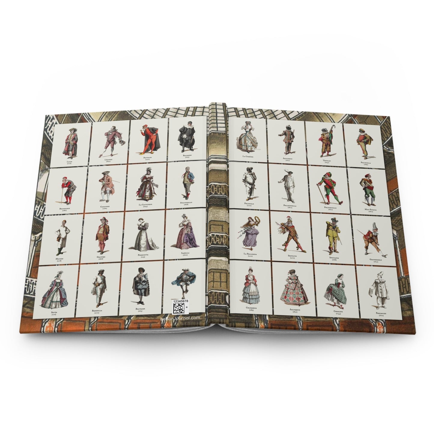 Maurice Sand Commedia dell'Arte journal open showing casewrap binding and character mosaic - LeBonJournal
