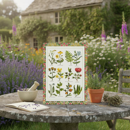 Nicholas Culpeper 1652 Complete Herbal journal in English cottage herb garden with lavender rosemary mortar and handwritten herbal notes - LeBonJournal
