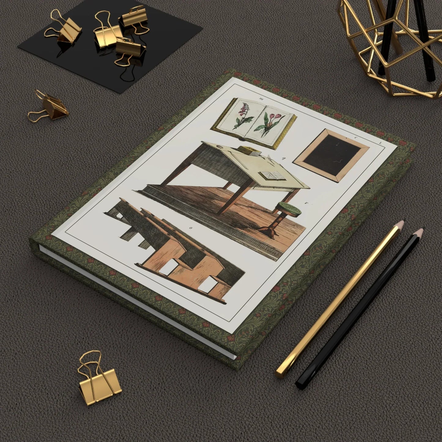 D. Englert 1867 schoolroom journal on desk with gold clips for lesson plans - LeBonJournal
