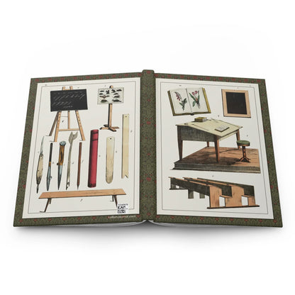 D. Englert 1867 schoolroom journal open showing casewrap binding with classroom illustration - LeBonJournal