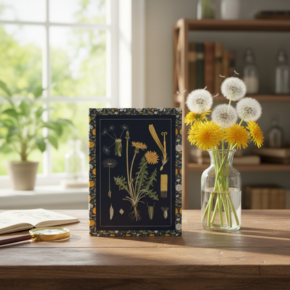 Dandelion hardcover journal standing on rustic wooden table with glass vase filled with fresh yellow dandelion flowers and white seed heads, clean elegant botanical study setting with natural sunlight, premium stationery for botanists and wildflower lovers - LeBonJournal