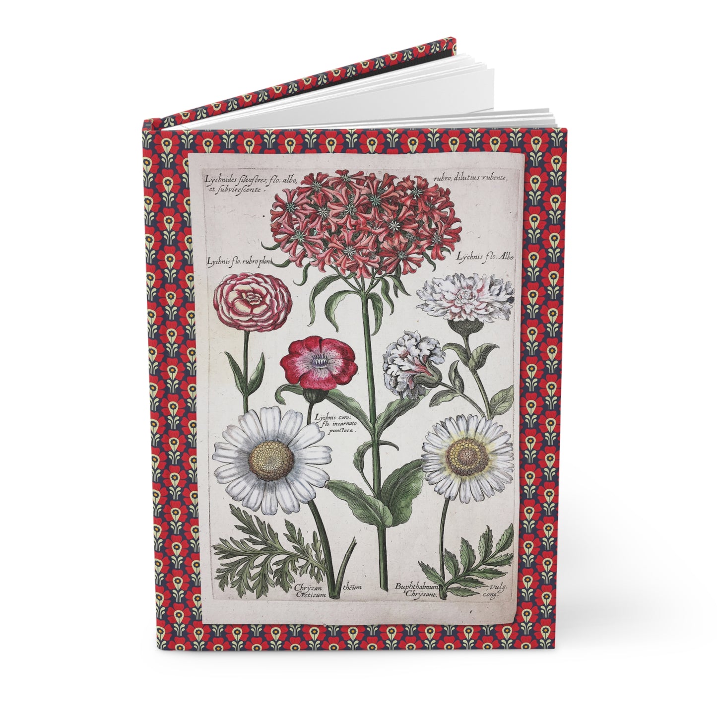 Hardcover journal standing upright showing De Bry 1641 daisies and chrysanthemums botanical engraving on front cover - LeBonJournal