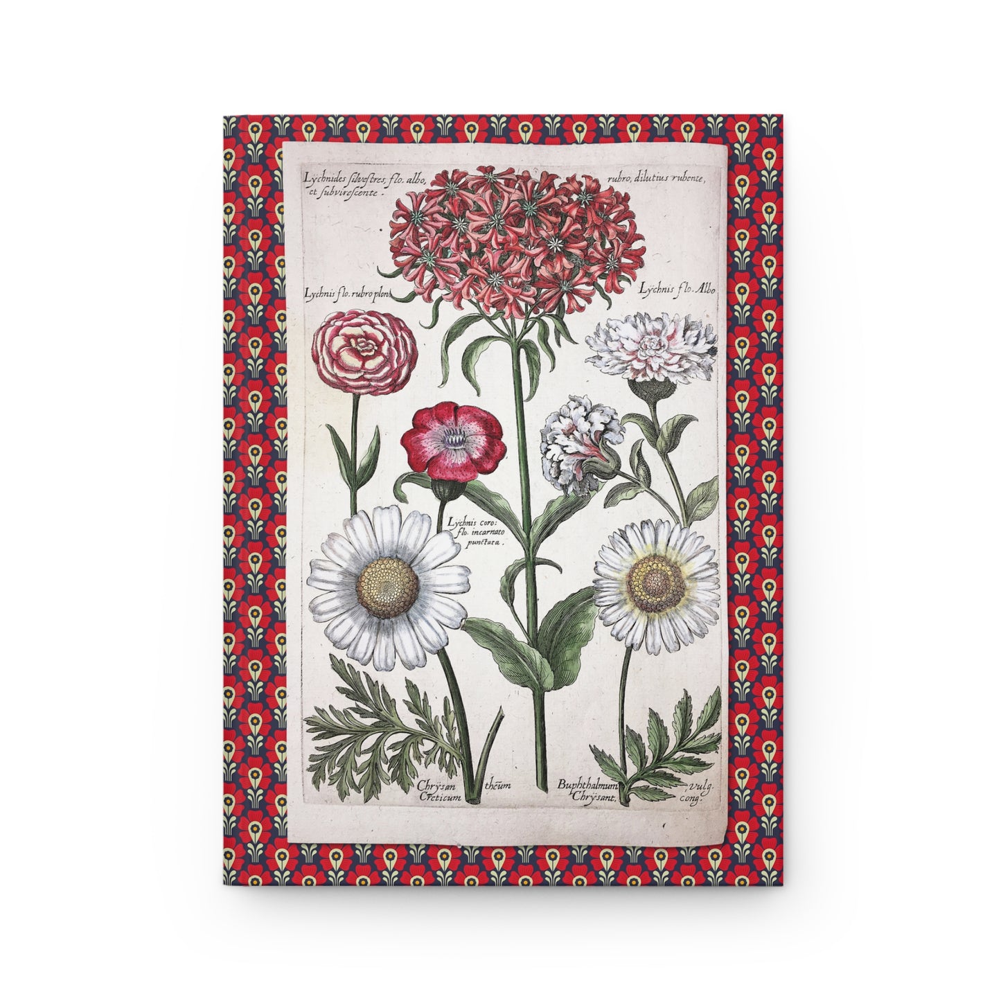 Front cover of hardcover journal featuring De Bry Florilegium Novum 1641 botanical engraving of Lychnis chrysanthemums and daisies with Latin inscriptions - LeBonJournal