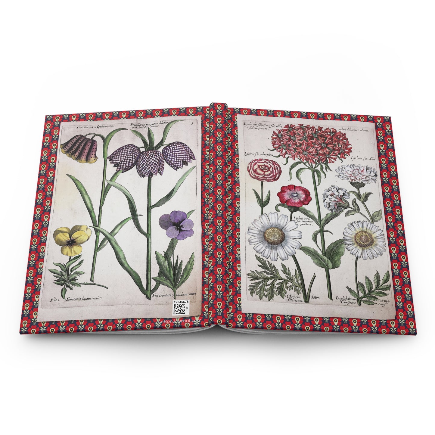 Hardcover journal opened flat showing spine binding and both covers with De Bry 1641 botanical engravings - LeBonJournal