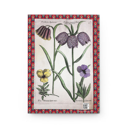 Back cover of hardcover journal featuring De Bry Florilegium Novum plate 9 with Fritillaria and Trinity flowers pansy botanical illustration - LeBonJournal