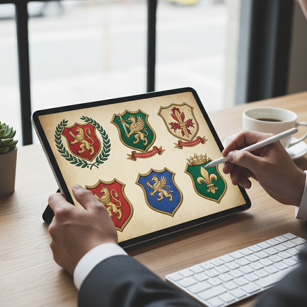 Graphic designer examining medieval coat of arms on digital tablet - LeBonJournal