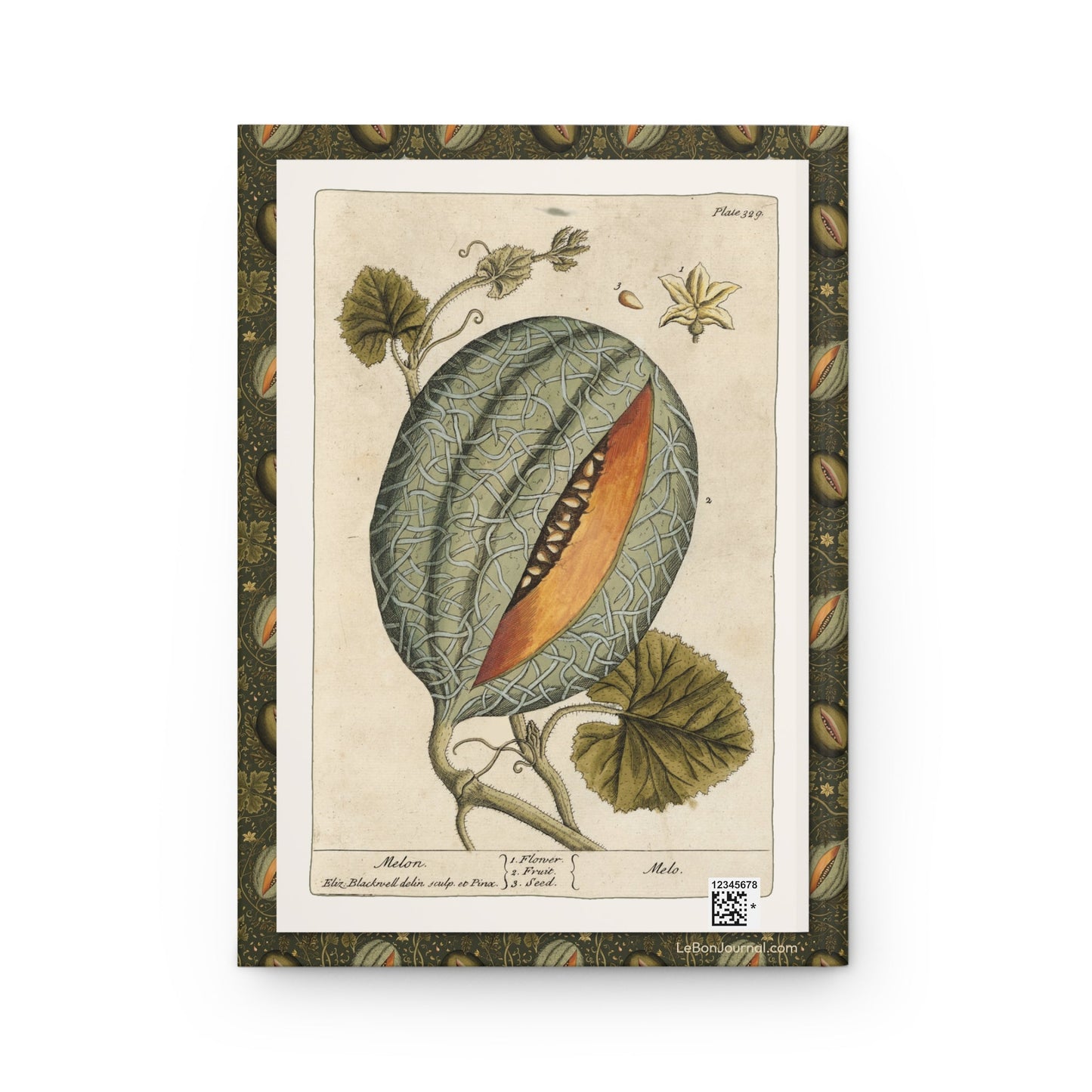 Elizabeth Blackwell journal back cover with 1739 melon illustration from Curious Herbal - LeBonJournal
