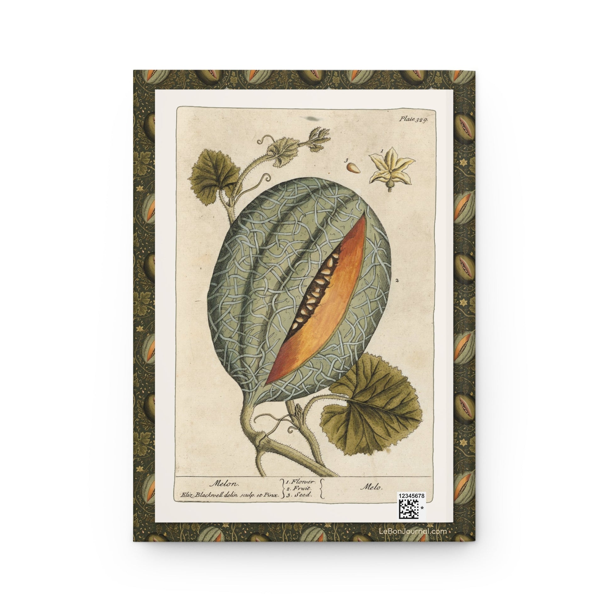 Elizabeth Blackwell journal back cover with 1739 melon illustration from Curious Herbal - LeBonJournal
