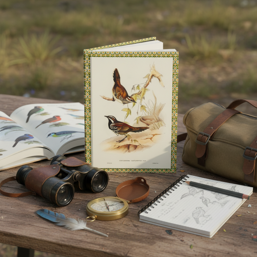 Lifestyle photo of Elizabeth Gould Australian birds journal standing upright on rustic table with vintage binoculars field guide graphite pencil feathers and compass - LeBonJournal