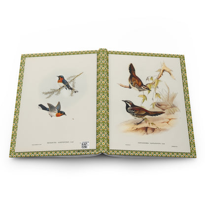 Hardcover journal opened flat showing spine binding and both covers with Elizabeth Gould Cinclosoma castanotum and Monarcha albiventris lithographs - LeBonJournal