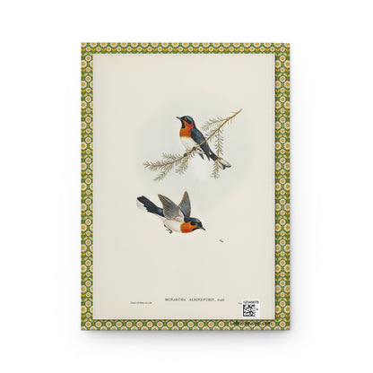 Back cover of hardcover journal featuring Elizabeth Gould White-bellied Flycatcher Monarcha albiventris perched and in flight from Birds of Australia - LeBonJournal
