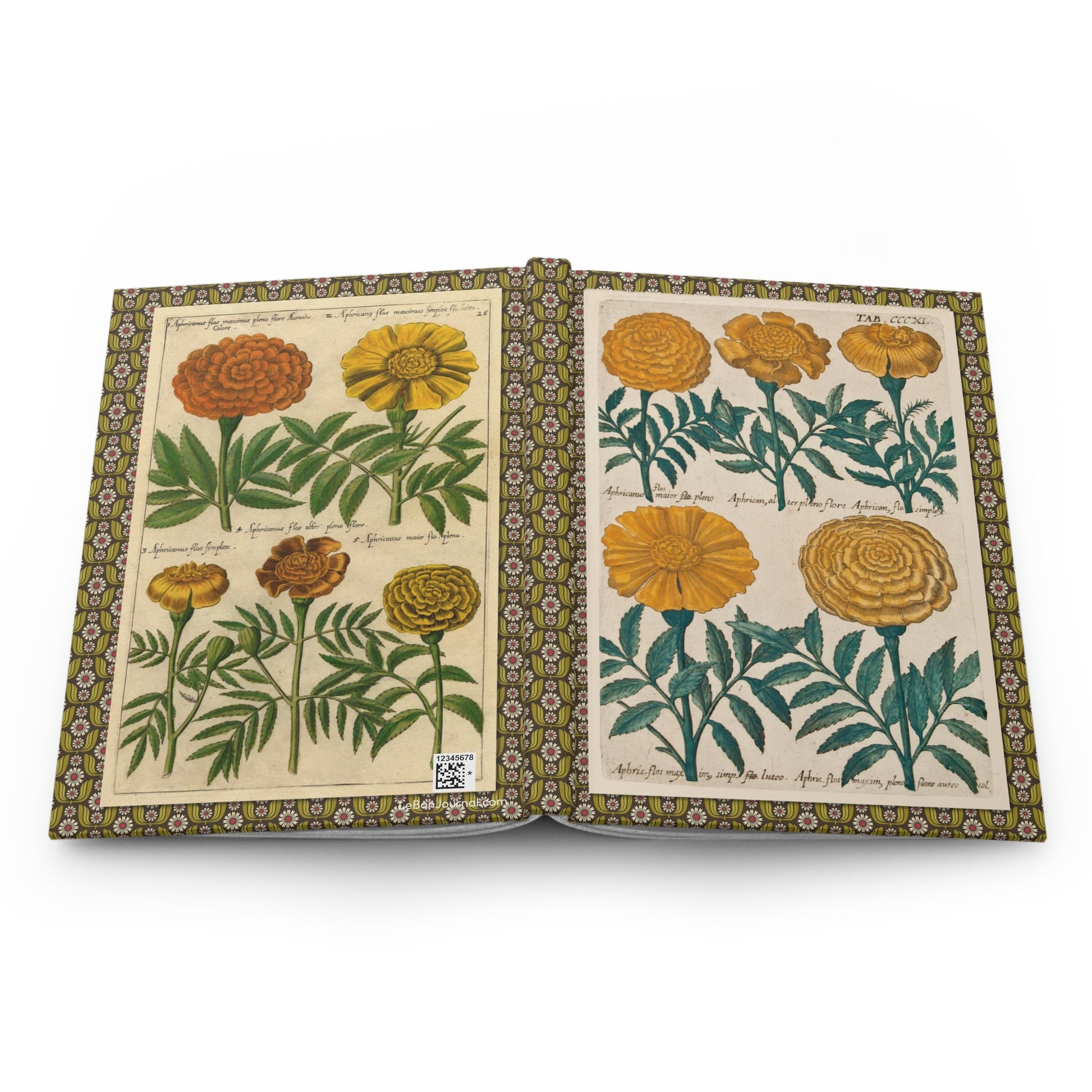Emanuel Sweert marigold journal open showing casewrap binding with 1612 florilegium engravings - LeBonJournal