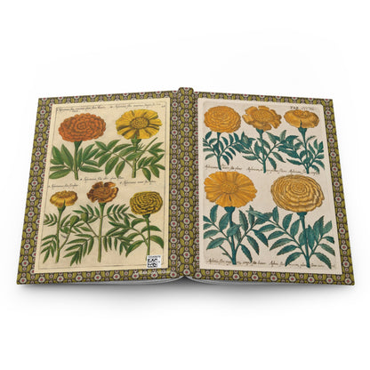 Emanuel Sweert marigold journal open showing casewrap binding with 1612 florilegium engravings - LeBonJournal