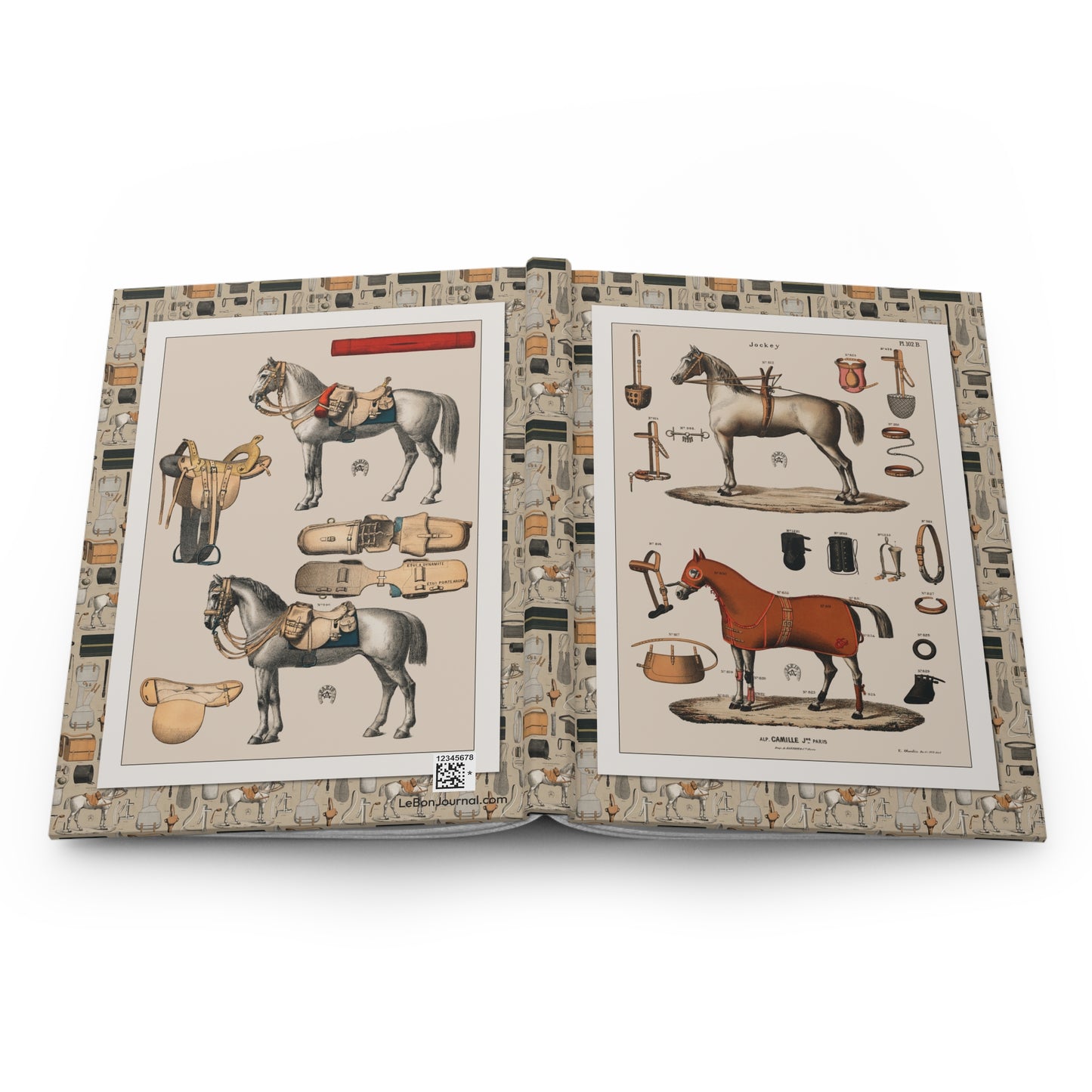 Equestrian equipment journal open flat showing casewrap binding spine with 1890 Alp Camille Jeune jockey gear military tack chromolithograph front and back covers - LeBonJournal