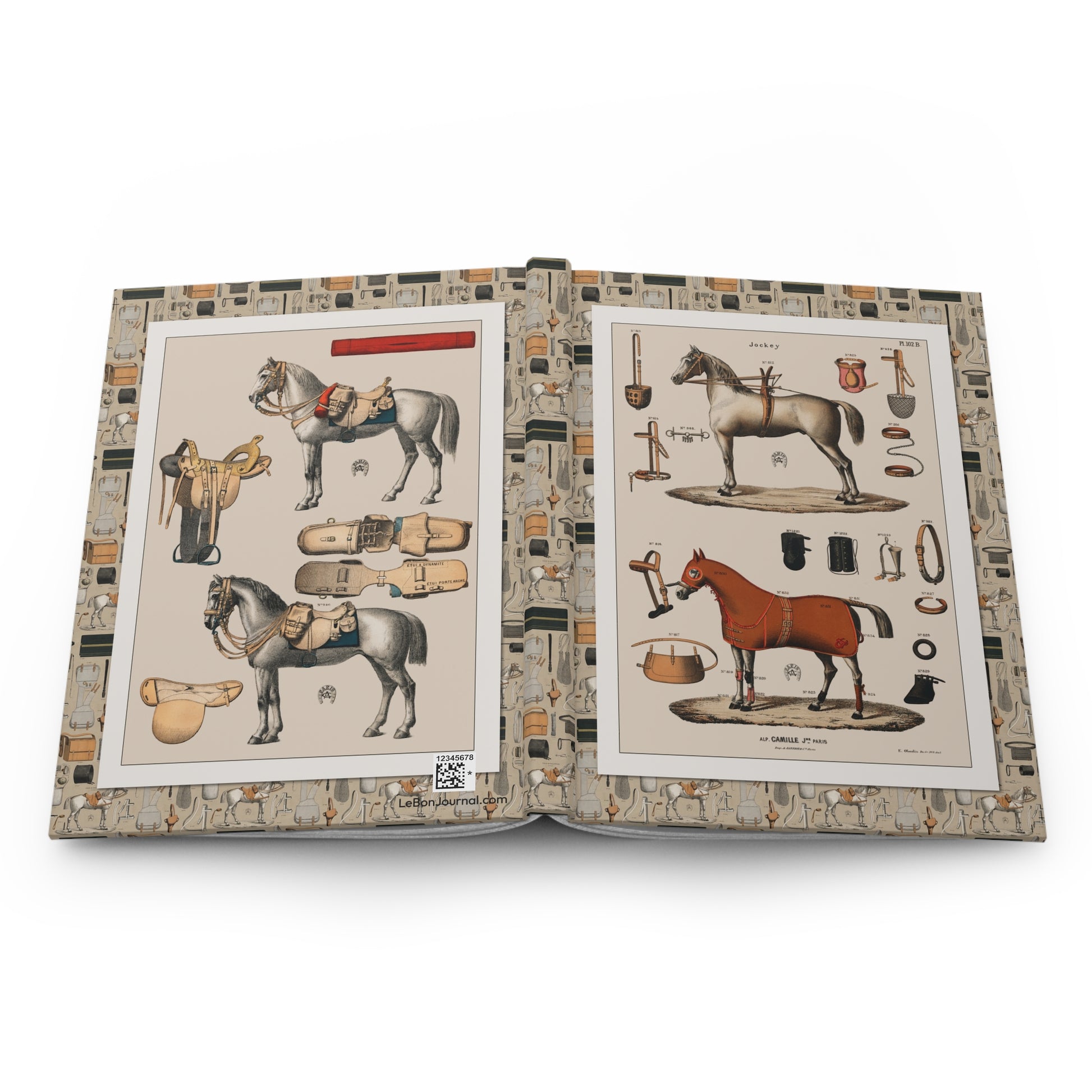 Equestrian equipment journal open flat showing casewrap binding spine with 1890 Alp Camille Jeune jockey gear military tack chromolithograph front and back covers - LeBonJournal