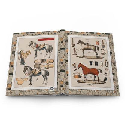 Equestrian equipment journal open flat showing casewrap binding spine with 1890 Alp Camille Jeune jockey gear military tack chromolithograph front and back covers - LeBonJournal