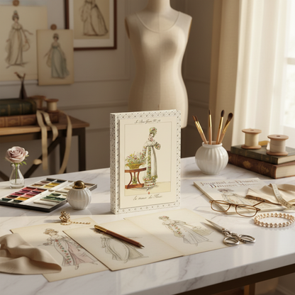 Fashion journal at designer table with vintage sketches watercolors Empire era Le Bon Genre 1813 - LeBonJournal
