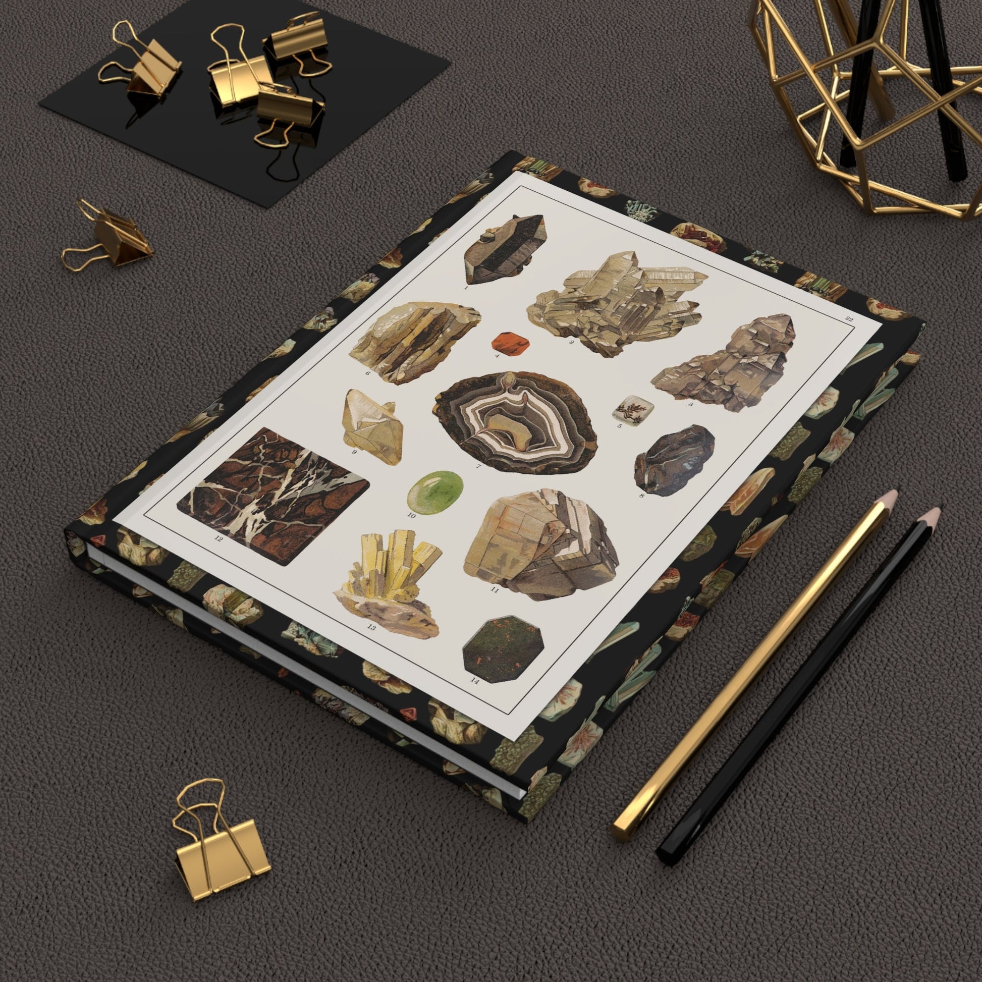 Feliks Wermiński 1893 mineral specimens journal on desk with gold clips for geology notes - LeBonJournal