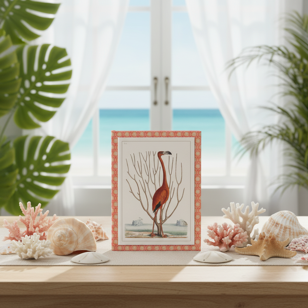 Flamingo hardcover journal standing on light wooden table near ocean view window with seashells, natural coral, starfish, tropical palm fronds, bright coastal sunlight, elegant stationery for bird watchers and tropical nature enthusiasts - LeBonJournal